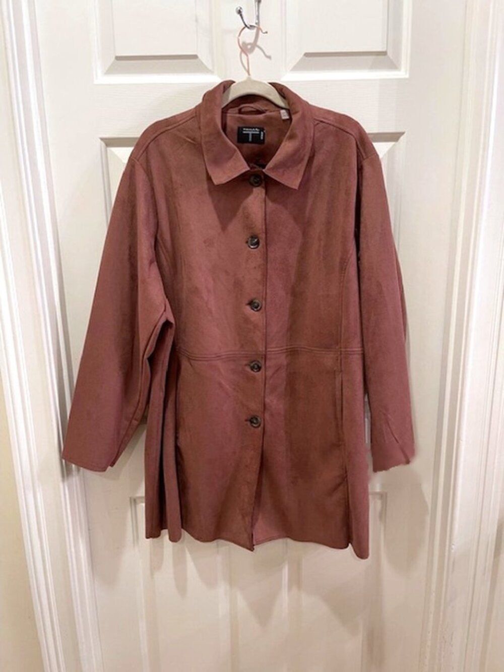 T Tahari Woman Faux Suede Button Front Car Coat Jacket Dusty Berry Plus Size 3X